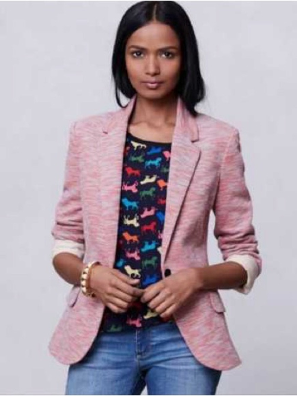 CARTONNIER ANTHROPOLOGIE Pink Blue Knit Blazer Jacket Tailored Casual Size Large